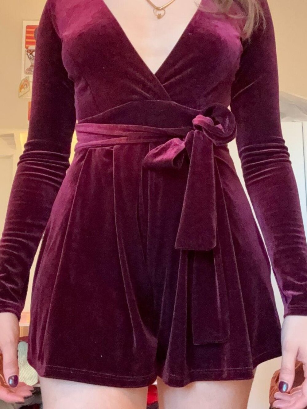 Lulus Burgundy Velvet Romper Long Sleeve Tie Front Midriff Cutout Size XS